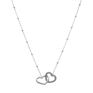Collier argent rhodi� cha�ne boules 2 coeurs entrelac�s 1 lisse et 1 perl� r�glable 42 � 45cm - Vue 2