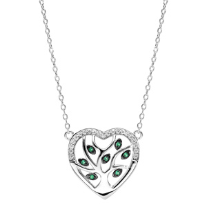 Collier en argent rhodi� cha�ne avec pendentif coeur avec arbre de vie empierr� vert  40+5cm - Vue 2