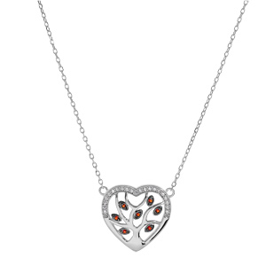 Collier en argent rhodi� cha�ne avec pendentif coeur avec arbre de vie pierres rouges et contour oxydes blancs sertis 40+5cm - Vue 2