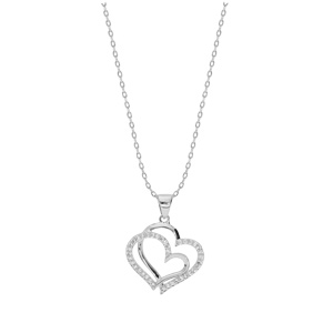 Collier en argent rhodi� cha�ne avec pendentif double coeur et oxydes blancs sertis 40+5cm - Vue 2