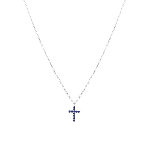 Collier argent rhodi� pendentif croix oxydes bleu r�glable 42 � 45cm - Vue 2