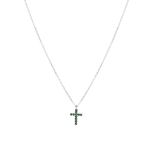 Collier argent rhodi� pendentif croix oxydes vert r�glable 42 � 45cm - Vue 2