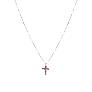 Collier argent rhodi� pendentif croix oxydes fushia r�glable 42 � 45cm - Vue 2