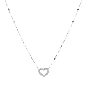 Collier argent rhodi� cha�ne boules coeur perl� r�glable 42 � 45cm - Vue 2