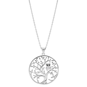 Collier en argent rhodi� cha�ne avec pendentif arbre de vie et chouette empierr�e 40+5cm - Vue 2