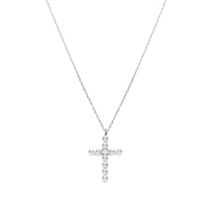 Collier argent rhodi� pendentif croix avec 1 oxyde blanc et perle blanche r�glable 42 � 45cm - Vue 2