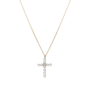 Collier argent dor� pendentif croix avec 1 oxyde blanc et perle blanche r�glable 42 � 45cm - Vue 2