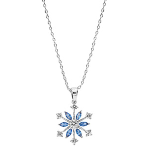 Collier en argent rhodi� cha�ne avec pendentif flocon de neige oxydes blancs sertis et navettes bleues 40+5cm - Vue 2