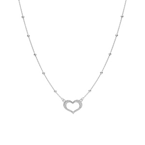 Collier argent rhodi� cha�ne boules avec coeur givr� r�glable 42 � 45cm - Vue 2