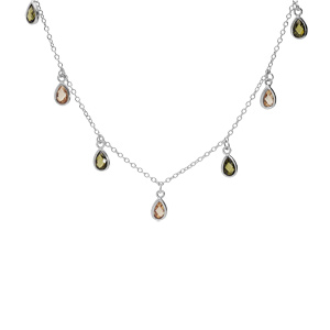 Collier en argent rhodi� cha�ne avec pampilles d\'oxydes verts et orang� en forme de gouttes 40+5cm - Vue 2