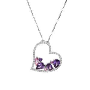 Collier en argent rhodi� massif cha�ne avec pendentif coeur et oxydes violets et roses contour oxydes blancs 40+5cm - Vue 2