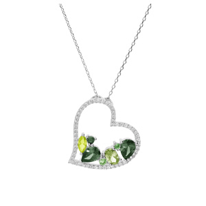 Collier en argent rhodi� massif cha�ne avec pendentif coeur oxydes verts contour oxydes blancs 40+5cm - Vue 2