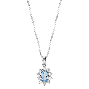 Collier en argent rhodi� massif collection joaillerie cha�ne avec pendentif ovale Topaze bleue contour oxydes blancs sertis 40+5cm - Vue 2