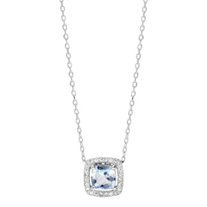 Collier en argent rhodi� massif collection joaillerie cha�ne avec pendentif carr� Topaze bleue contour oxydes blancs sertis 40+5cm - Vue 2