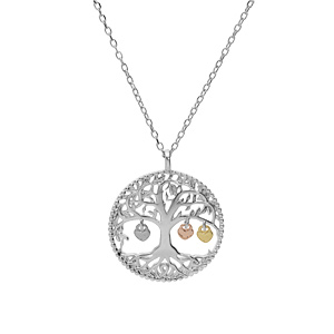 Collier en argent rhodi� cha�ne avec pendentif arbre de vie et pampilles 3 coeurs dor�s (couple famille) 44cm r�glable 42 et 40 - Vue 2