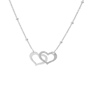 Collier en argent rhodi� cha�ne avec pendentif double coeur 1 lisse et 1 granit� cha�ne avec boules 40+5cm - Vue 2