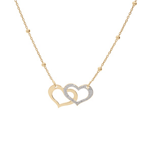 Collier en argent et dorure jaune cha�ne avec pendentif double coeur 1 lisse et 1 granit� cha�ne avec boules 40+5cm - Vue 2