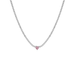 Collier en argent rhodi� rivi�red\' oxydes blancs et coeur oxyde rose au centre 40+4cm - Vue 2