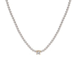 Collier en argent et dorure jaune perles blanches de synth�se et 1 oxyde blanc serti 38+4cm - Vue 2
