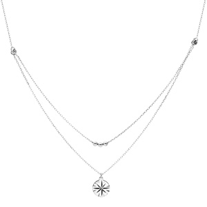 Collier en argent rhodi� double cha�ne avec pendentif m�daille avec soleil diamant� 40+5cm - Vue 2