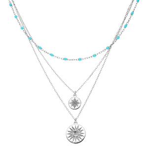 Collier en argent rhodi� triple rangs avec pendentif m�dailles et perles bleue 40+5cm - Vue 2