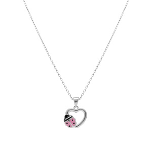 Collier en argent rhodi� pendentif coeur avec coccinelle r�sine rose  - 36+2cm - Vue 2