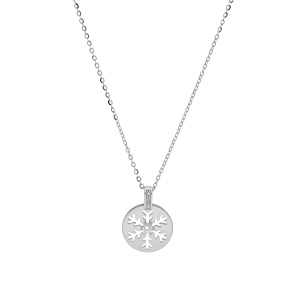 Collier en argent rhodi� cha�ne avec pendentif rondelle motif flocon de neige ajour� 39+4cm - Vue 2