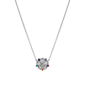 Collier en argent rhodi� fleur oxydes blancs et multi couleurs 40+4cm - Vue 2