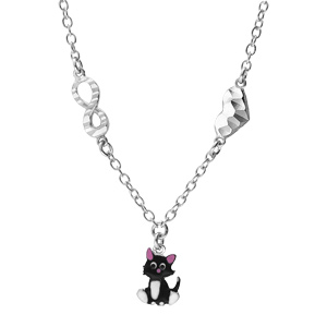 Collier en argent rhodi� cha�ne avec pendentif chat noir et blanc et motif infini et coeur 35+4cm - Vue 2