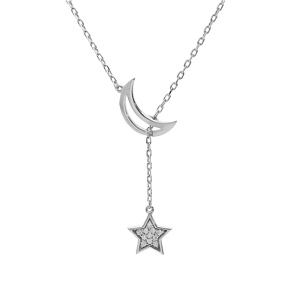Collier en argent platin� lune �vid�e et pampille �toile oxydes blancs sertis 41+3cm - Vue 2