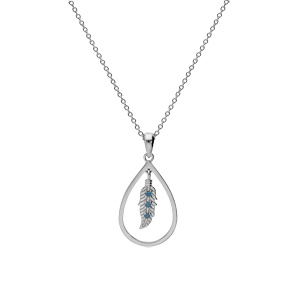 Collier en argent platin� cha�ne avec pendentif goutte �vid�e et plume avec oxyde bleu 42+3cm - Vue 2