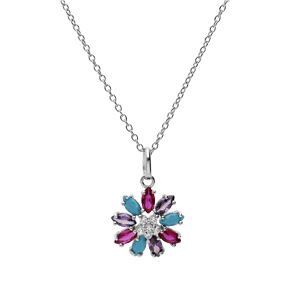 Collier en argent rhodi� cha�ne avec pendentif fleur oxydes multi couleurs 42+3cm - Vue 2
