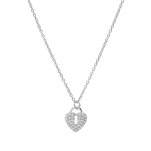 Collier en argent rhodi� cha�ne avec pendentif cadenas coeur pav� oxydes blancs 42+3cm - Vue 2