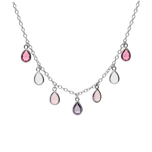 Collier en argent rhodi� cha�ne avec pampilles d\'oxydes multi couleurs en forme de forme goutte 36+6cm - Vue 2