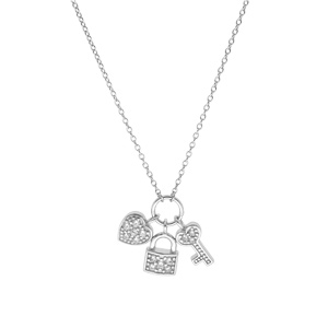 Collier en argent rhodi� cha�ne avec breloques cadenas coeur clefs oxydes blancs 42+3cm - Vue 2