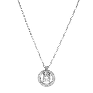 Collier en argent rhodi� cha�ne avec pendentif rondelle pav�e d\'oxydes blancs sertis et 1 oxyde blanc serti 40+5cm - Vue 2