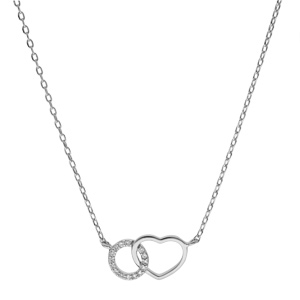 Collier en argent rhodi� cha�ne avec cercle pav� d\'oxydes blancs sertis entrelac� avec coeur lisse 40+5cm - Vue 2