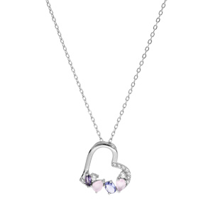 Collier en argent rhodi� cha�ne avec pendentif coeur avec oxydes blancs et pastels 40+5cm - Vue 2