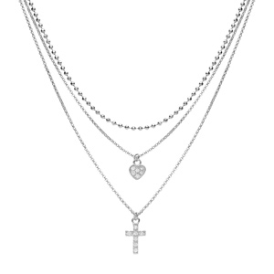 Collier en argent rhodi� triple cha�ne avec pendentifs coeur et croix 35+5cm - Vue 2