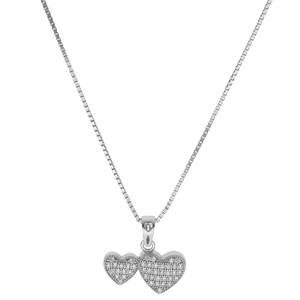 Collier en argent rhodi� cha�ne avec pendentif double coeur oxydes blancs sertis 40+5cm, b�li�re coeur - Vue 2