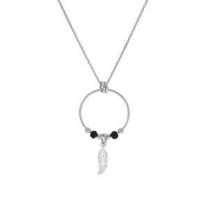 Collier en argent rhodi� cha�ne avec pendentif anneau 15mm avec boules lisses noires et pampille plume 40+4cm - Vue 2