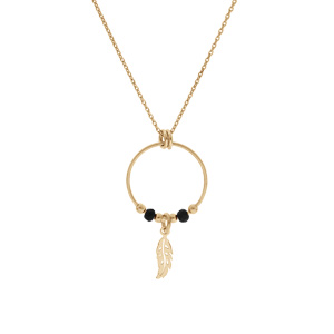 Collier en argent et dorure jaune cha�ne avec pendentif anneau 15mm avec boules lisses noires et pampille plume 40+4cm - Vue 2