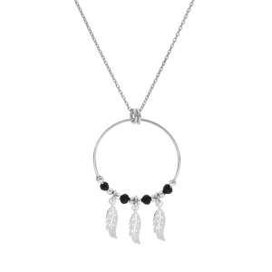 Collier en argent rhodi� cha�ne avec pendentif anneau 23mm avec boules lisses noires et pampilles plumes 40+4cm - Vue 2