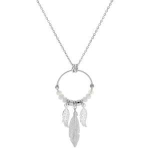 Collier en argent rhodi� cha�ne avec pendentif anneau 15mm avec boules blanches et pampilles plumes 40+4cm - Vue 2