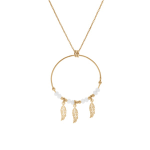 Collier en argent et dorure jaune cha�ne avec pendentif anneau 28mm boules blanches pampille 3 plumes 40+4cm - Vue 2