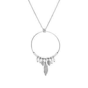 Collier en argent rhodi� cha�ne avec pendentif anneau 35mm avec boules diamant�es et blanches pampille transparentes 40+4cm - Vue 2