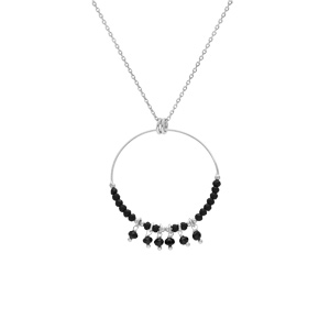 Collier en argent rhodi� cha�ne avec pendentif anneau 35mm avec boules lisses noires pampilles noires facett�es 40+4cm - Vue 2