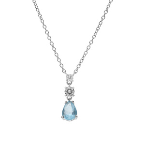 Collier en argent rhodi� cha�ne avec pendentif oxydes ronds blancs sertis et goutte bleu ciel 42+3cm - Vue 2