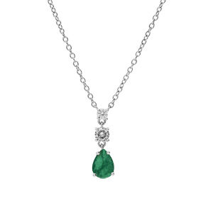 Collier en argent rhodi� cha�ne avec pendentif oxydes ronds blancs sertis et goutte oxyde vert fonc� 42+3cm - Vue 2