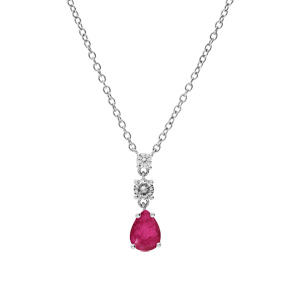 Collier en argent rhodi� cha�ne avec pendentif oxydes ronds blancs sertis et goutte oxyde fushia 42+3cm - Vue 2